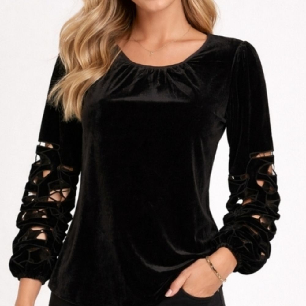 Joie Elegant Black Velvet Blouse with Unique Cutout Sleeves Size L